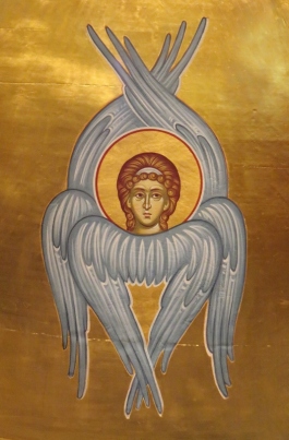 One of the many winged Cherubim surrounding God and symbolized in iconography above the Holy Table