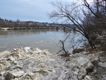 View of the Susquehanna River, West Pittston, from the Spc. Dale Kridlo Bridge (Fort Jenkins bridge) looking south after ice on river moved downstream. St. John the Evangelist Church, Pittston, Pennsylvania (distant left).