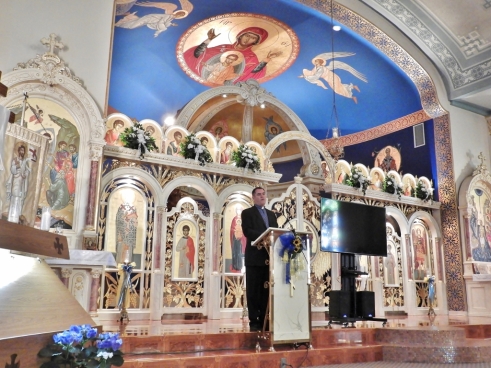 Wide angle view of Rev. Myron Myronyuk, of St. Vladimir Ukrainian Catholic Church, Scranton